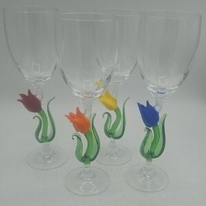 Handblown Tulip Stem Wine Glasses - Set of 4